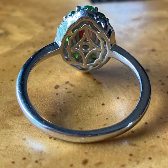 Natural Red Garnet Chrome Diopside Sterling Silver Halo Ring Size 10 - Picture 4 of 8